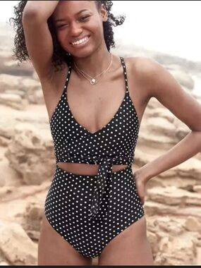 aerie Black with White Polka Dot Tie-Front One-Piece Swimsuit